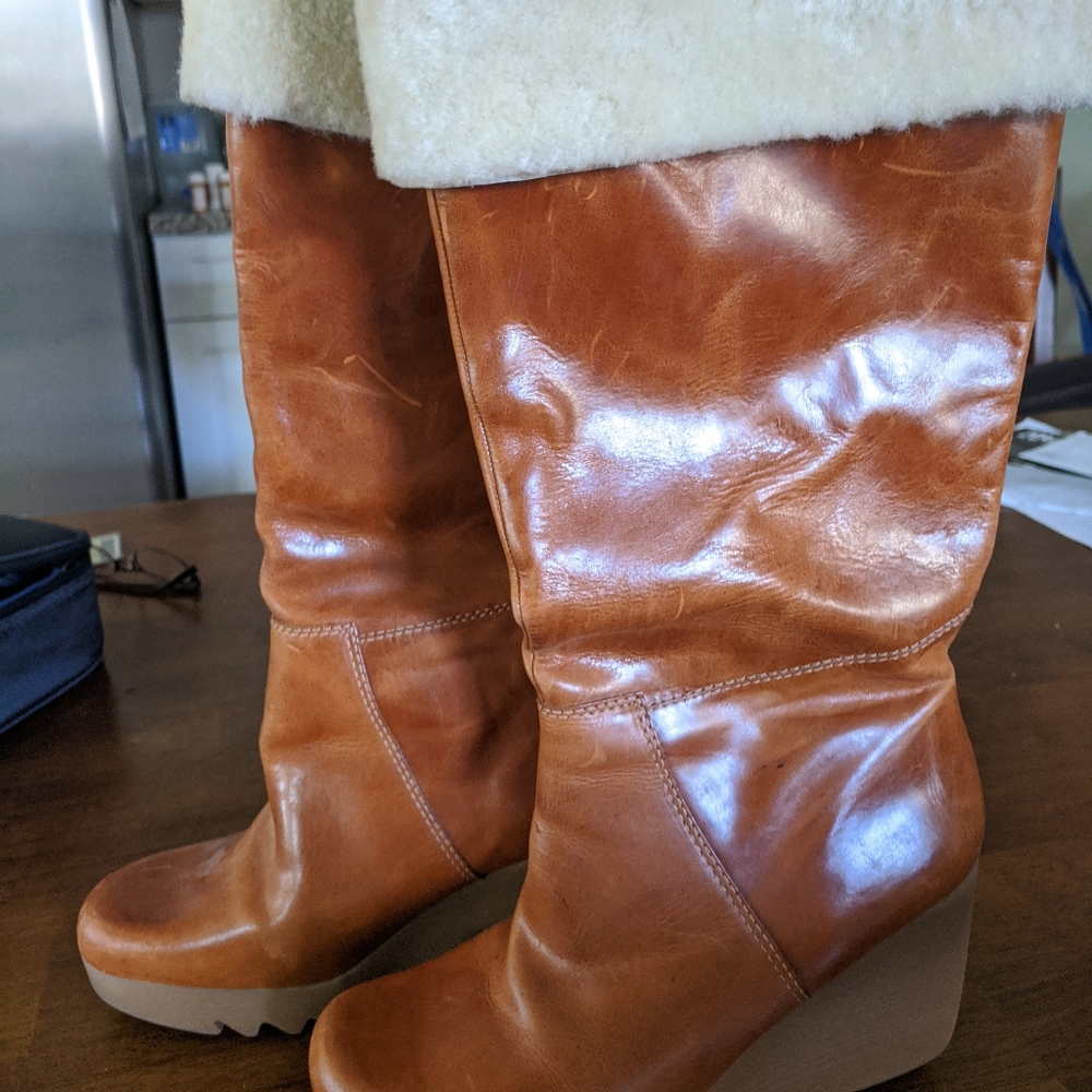 Michael Kors Fur top Leather platform wedge boot